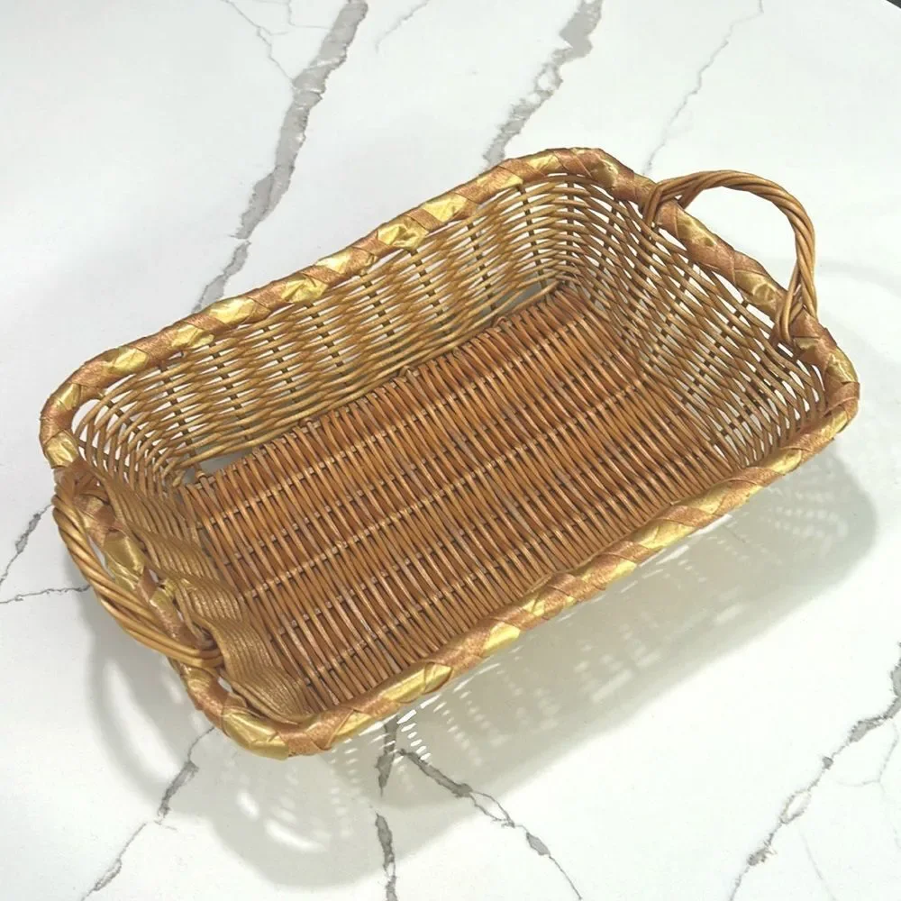 Tan Brown Wicker Weave Basket with Handles Bread Trinkets Keys